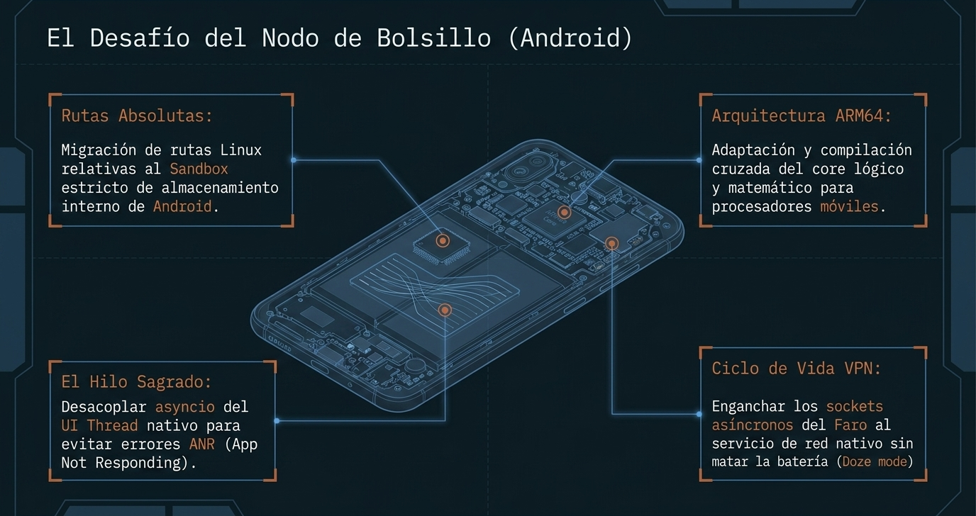 El Desafío del Nodo de Bolsillo Android: rutas absolutas, arquitectura ARM64, Hilo Sagrado async y ciclo de vida VPN sin matar la batería.