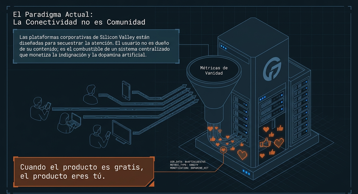 El Paradigma Actual: la conectividad no es comunidad. Usuarios fluyendo hacia un servidor corporativo centralizado.