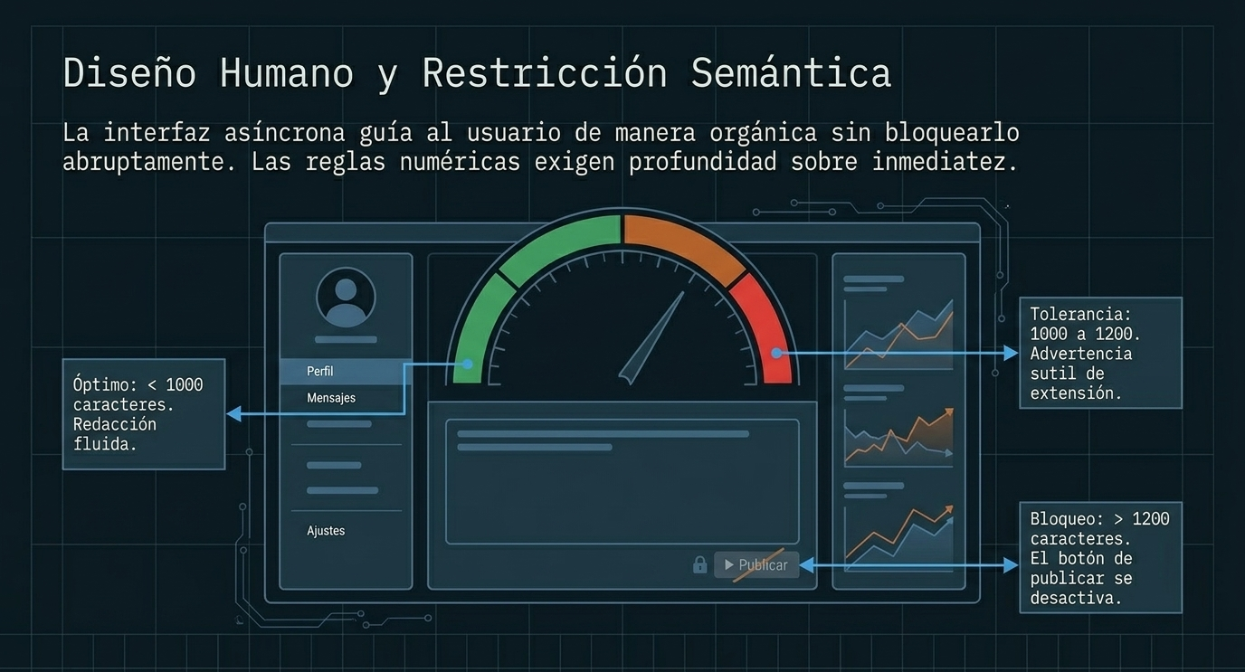 Diseño Humano y Restricción Semántica: tablero de control con límite de 1000 a 1200 caracteres y botón de publicar desactivado si se excede.