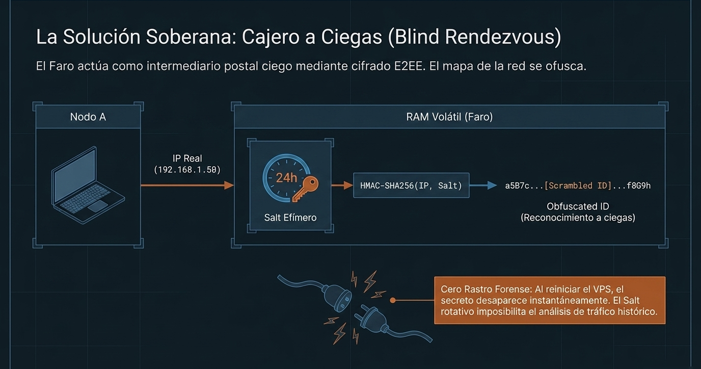 La Solución Soberana: Cajero a Ciegas (Blind Rendezvous). Salt efímero en RAM volátil con HMAC-SHA256 para obfuscar IPs.